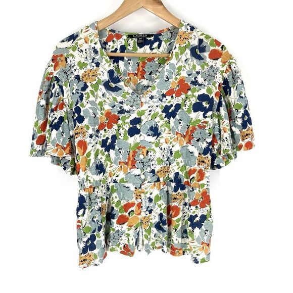 Lauren Ralph Lauren Shirt Size Small Floral Print Flutter Peplum Linen Bloom Top - Picture 1 of 9